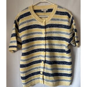 Christopher‎ & Banks Button Up Cardigan Sweater Large Yellow Blue Striped
